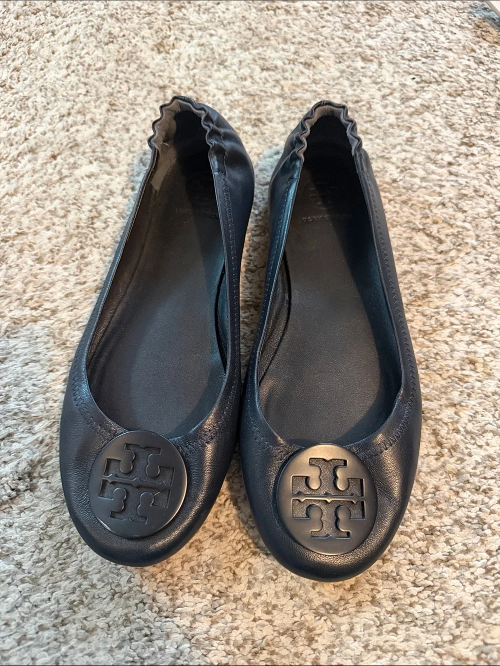 Tory Burch Navy Leather Logo Ballet Flats